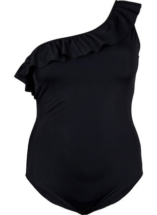 One-shoulder swimsuit with ruffle, Black, Packshot image number 0