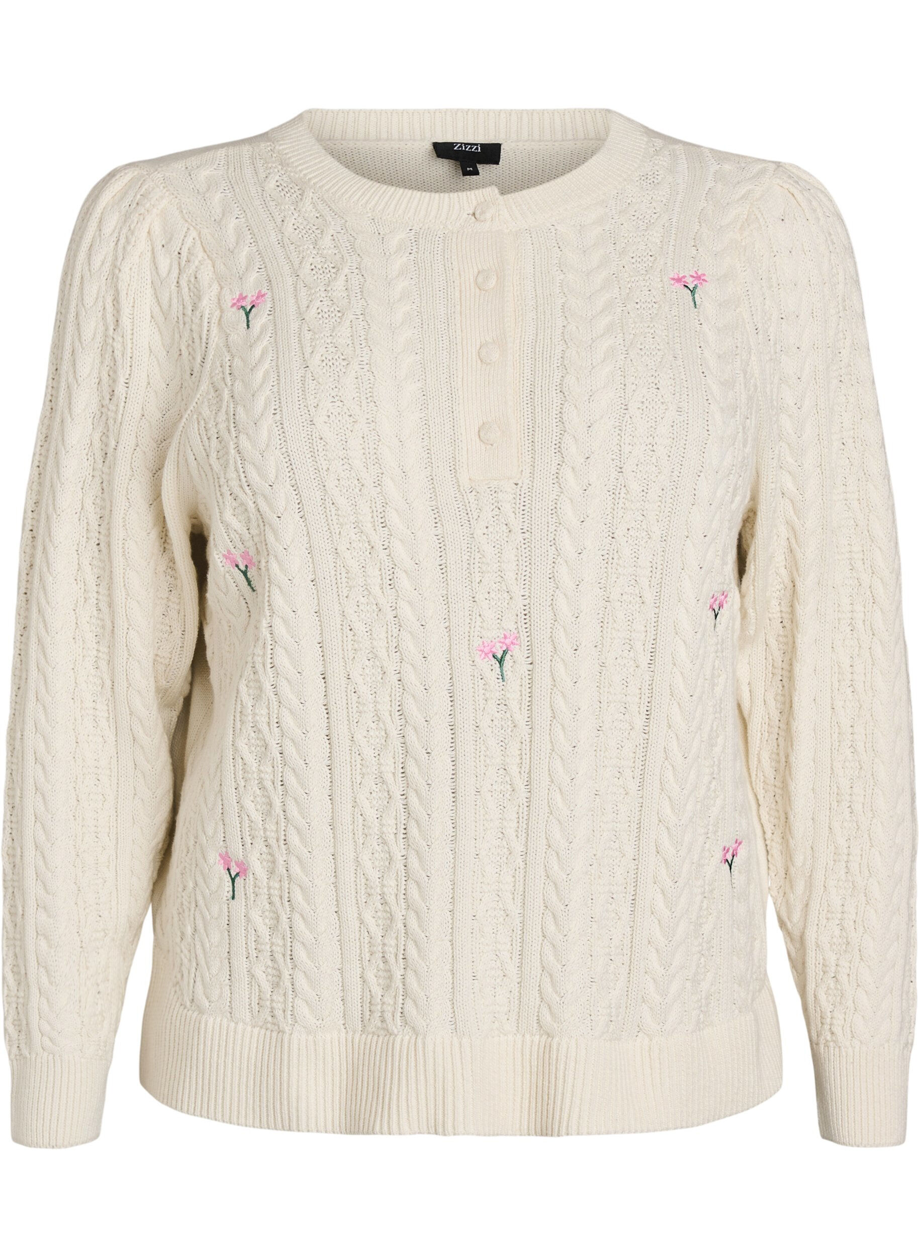 Zizzifashion Knit blouse with cable pattern and embroidered flowers, White, Packshot image number 0