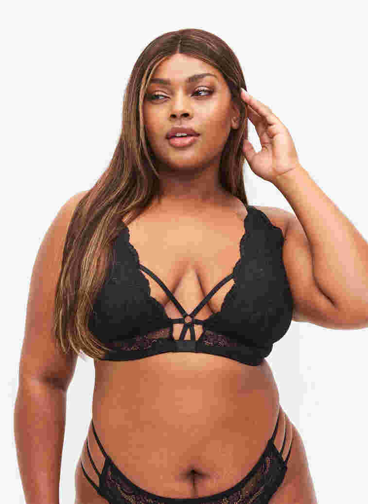 Lace bra with thong, Black, Model image number 0