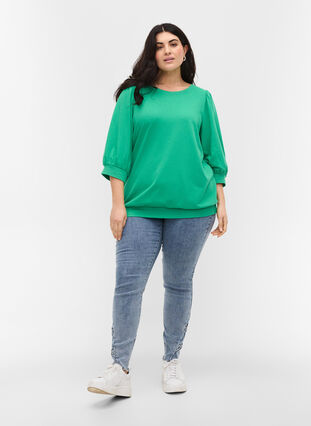 Sweater blouse with rounded neckline and 3/4 sleeves, Mint, Model image number 2