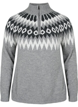 Jacquard patterned knitted jumper with high neck and zipper, Dark Grey Mel. Comb, Packshot image number 0