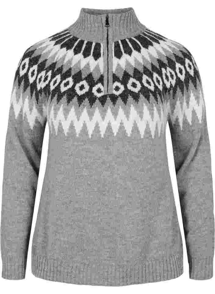Jacquard patterned knitted jumper with high neck and zipper, Dark Grey Mel. Comb, Packshot