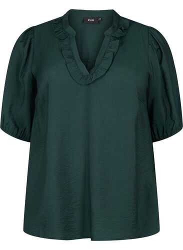 Viscose blouse with puff sleeves and ruffles, Scarab, Packshot image number 0