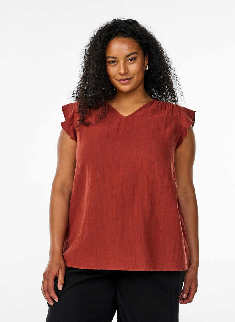 Sleeveless top in cotton muslin with ruffles, Red, Model image number 0