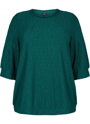 Blouse with 3/4-sleeves and a structured pattern, Deep Teal, Packshot image number 0