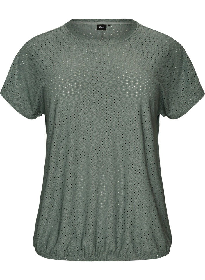 Blouse with eyelet embroidery and balloon-effect, Green, Packshot image number 0