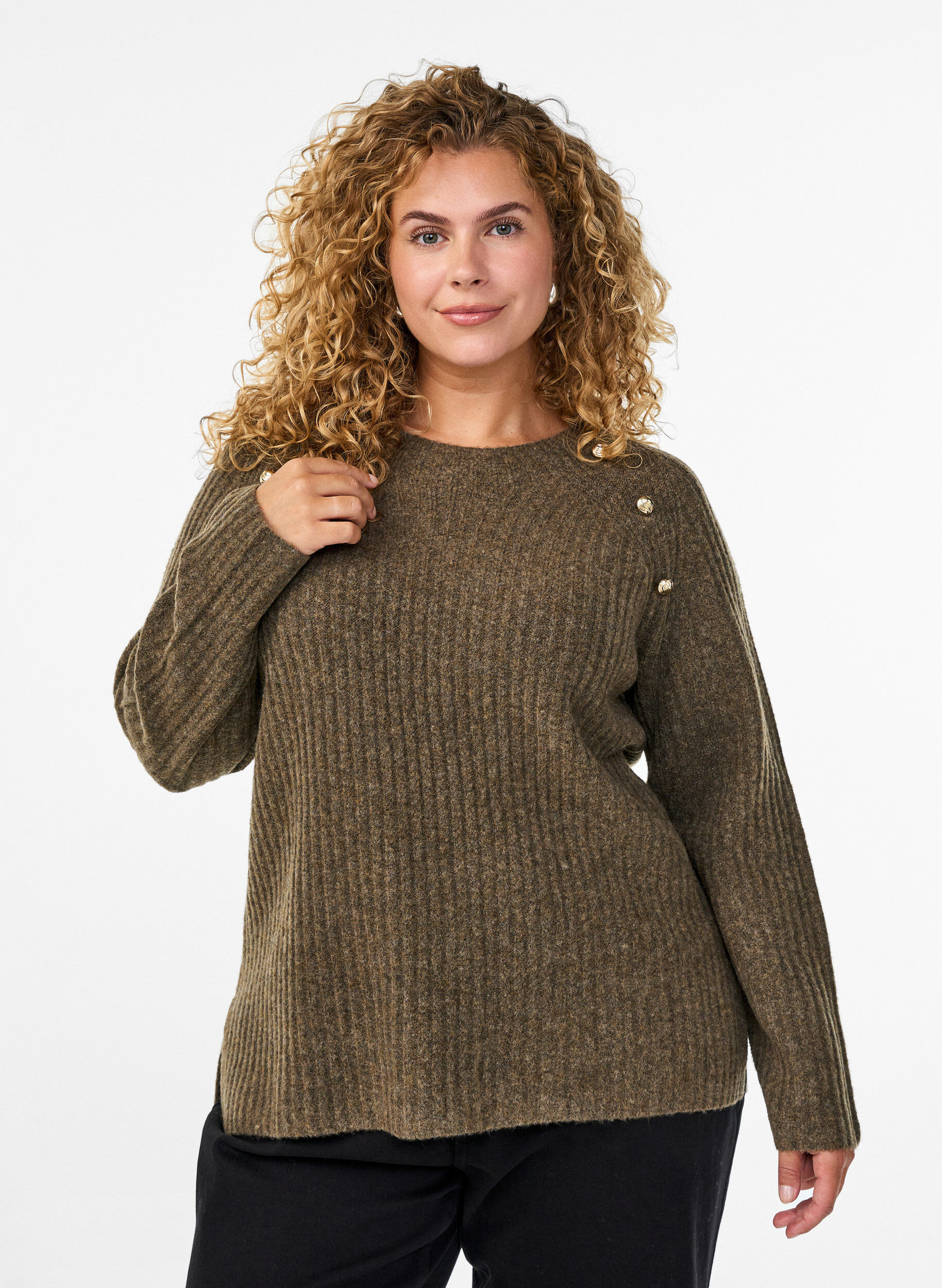 Zizzifashion Ribbed jumper with decorative buttons, Brown, Model image number 0
