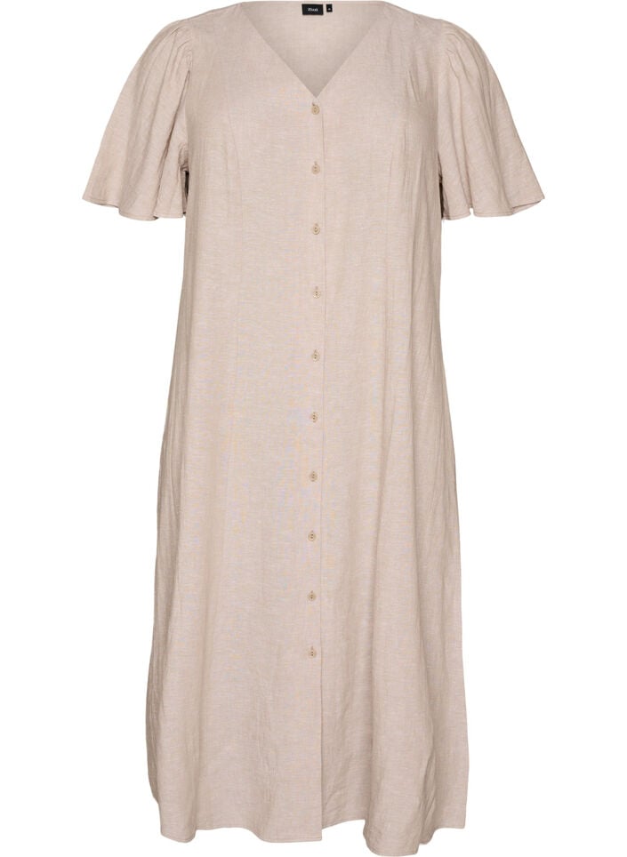 Midi dress in linen and viscose with ruffle sleeves, Beige, Packshot image number 0