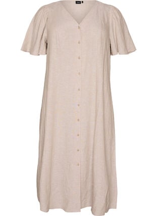 Midi dress in linen and viscose with ruffle sleeves - Beige - Sz. 40-64 - Zizzifashion Midi dress in linen and viscose with ruffle sleeves - Beige - Sz. 40-64 - Zizzifashion
