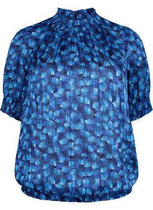 Short-sleeved smock blouse with print, Navy Blazer Leaf AOP, Packshot image number 0