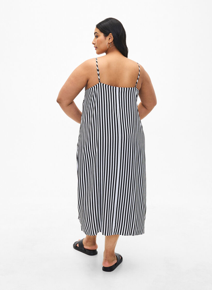 FLASH - Striped strap dress in viscose, Black White Stripe, Model image number 1