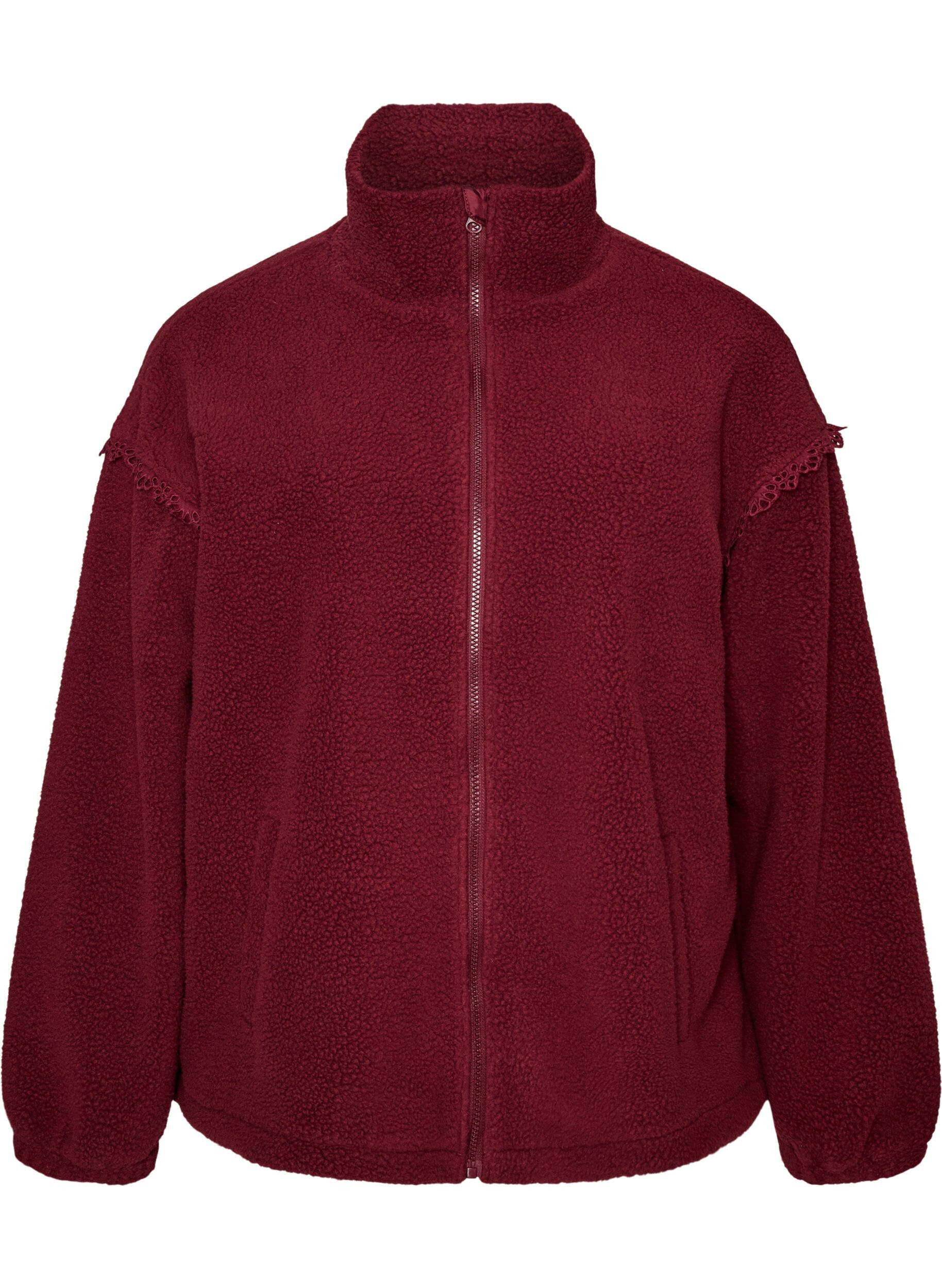 Teddy jacket with eyelet embroidery trim and high collar