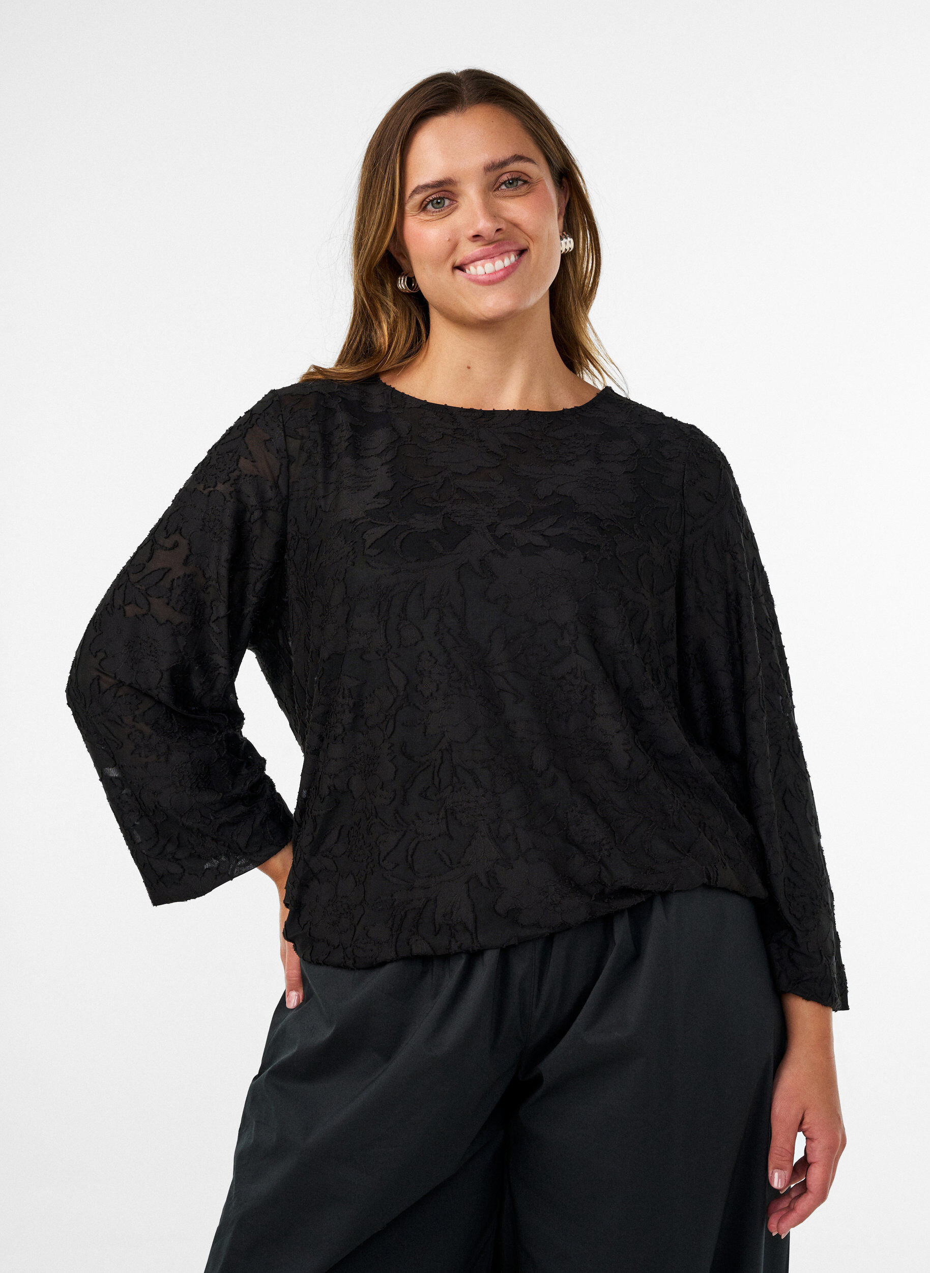 ZizzifashionSheer blouse with floral texture and long sleeves, Black, Model image number 0