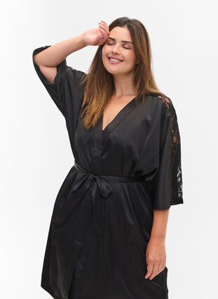 Dressing gown with lace, Black, Model image number 2
