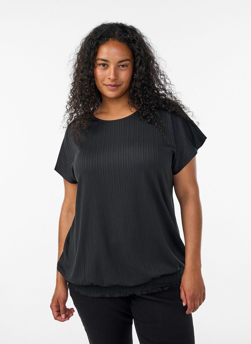 Jersey blouse with textured stripes and a smocked hem, Black, Model image number 0