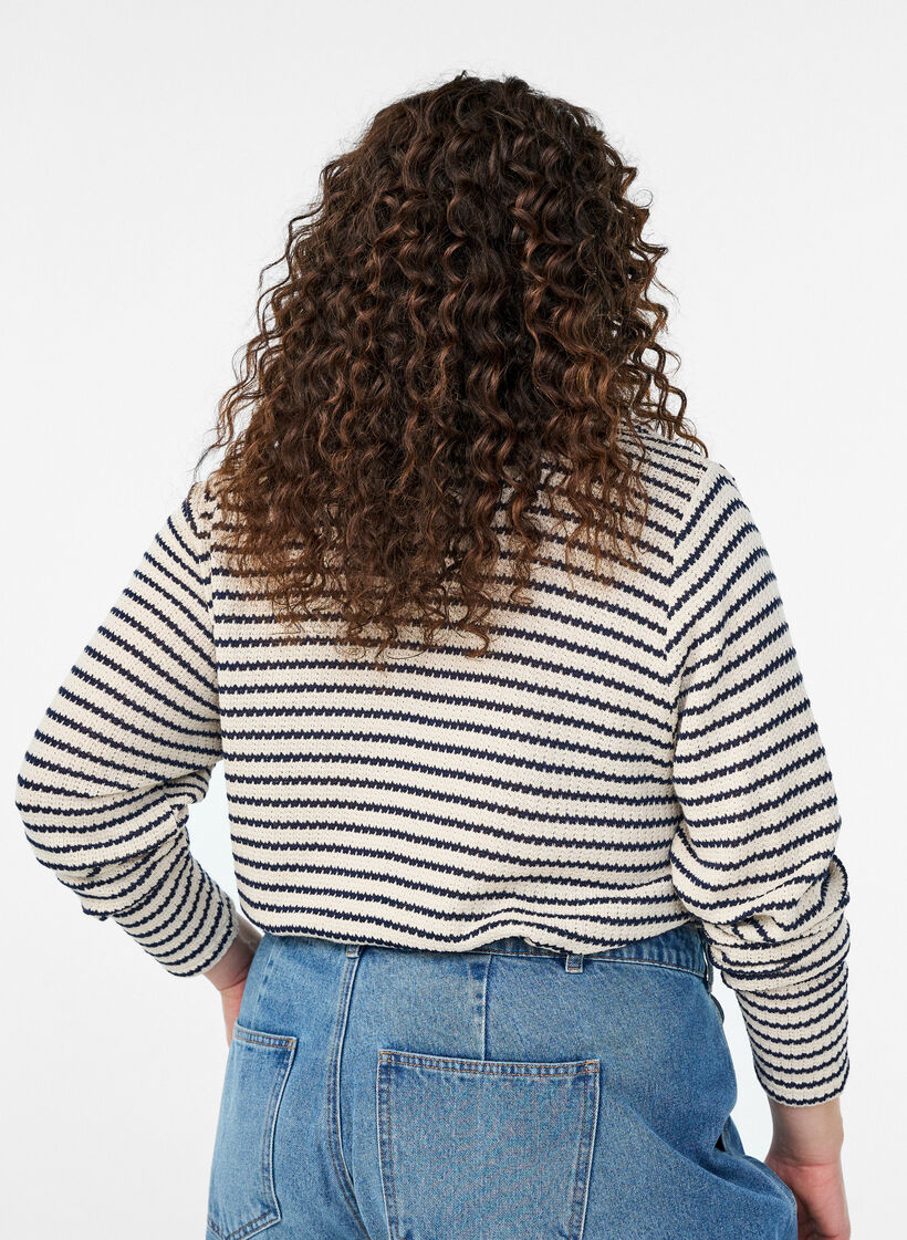 Striped jersey blouse with a collar and V-neck, Beige, Model image number 2