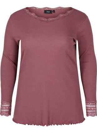 Long-sleeved ribbed blouse with lace details, Rose Taupe, Packshot image number 0