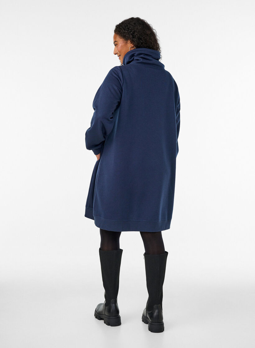 Short sweatshirt dress with high collar and pockets, Blue, Model image number 2