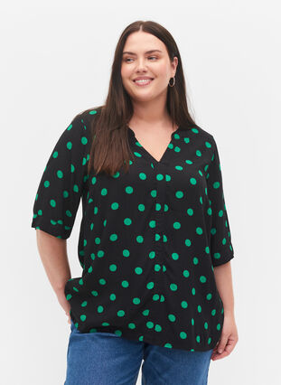 Polka dot viscose blouse, Black jol Green dot, Model image number 0