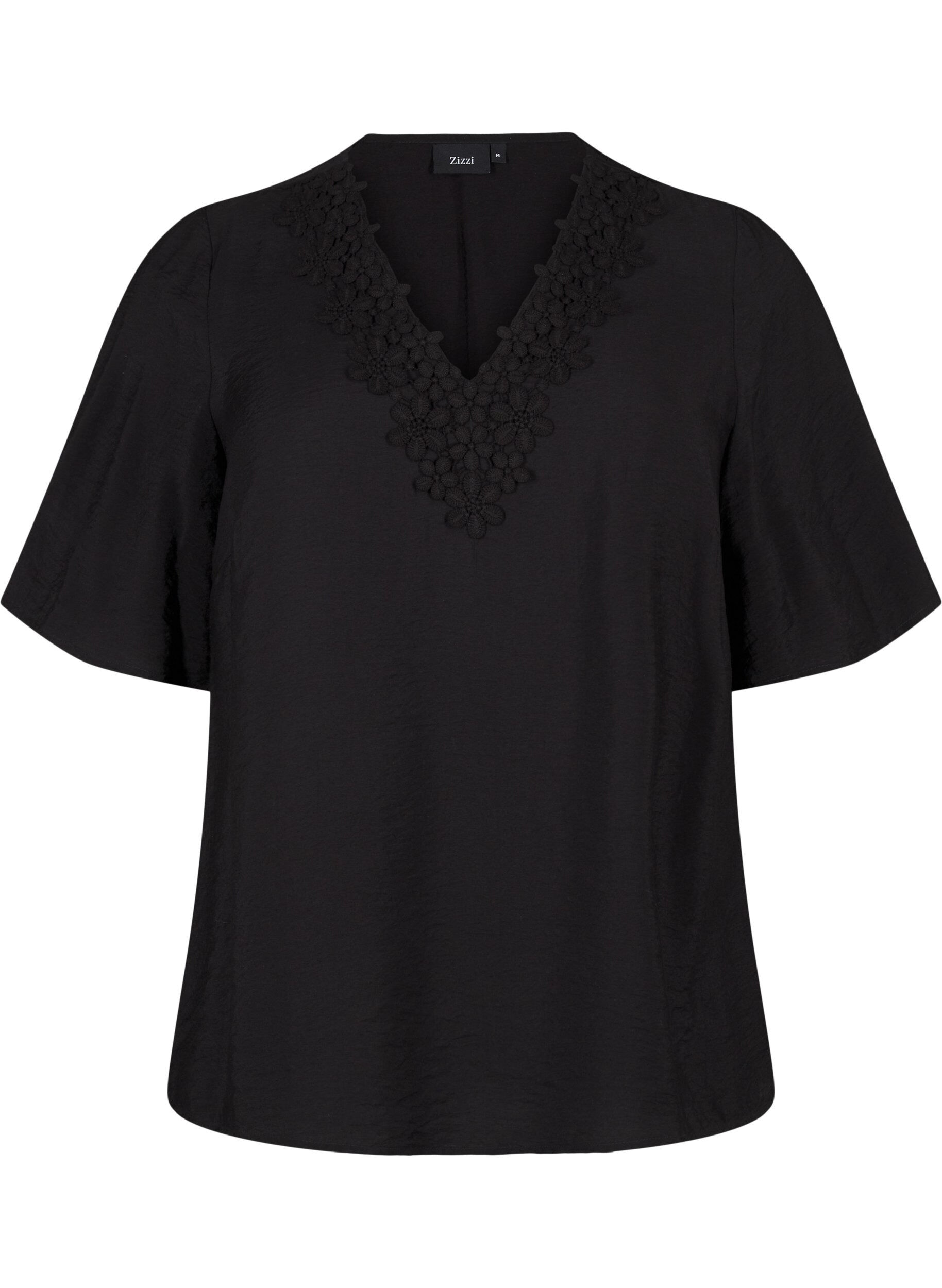 Zizzifashion Viscose blouse with v-neck and embroidery detail, Black, Packshot image number 0