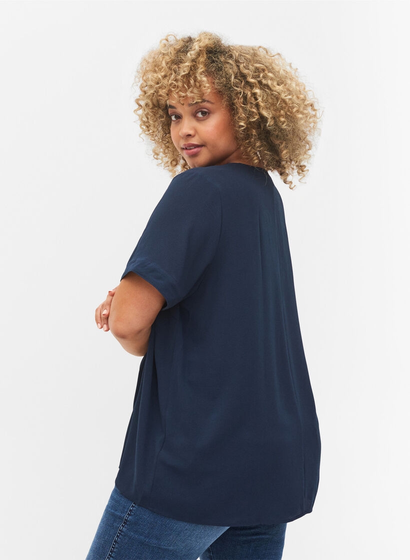 Short-sleeved v-neck blouse, Blue, Model image number 2