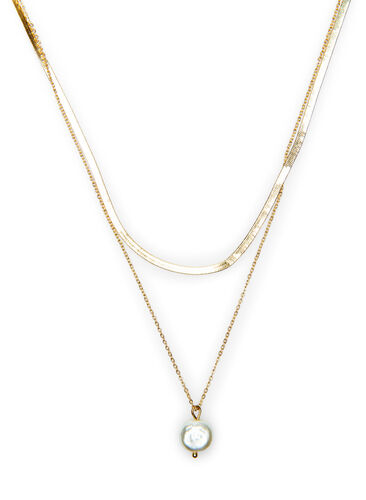Double necklace with pearl pendant, Gold, Packshot image number 0
