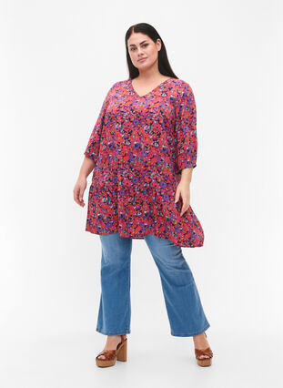 Viscose tunic with A-line cut, Pink Small FL. AOP, Model image number 2