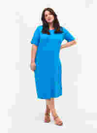 Viscose rib midi dress with short sleeves, Ibiza Blue, Model