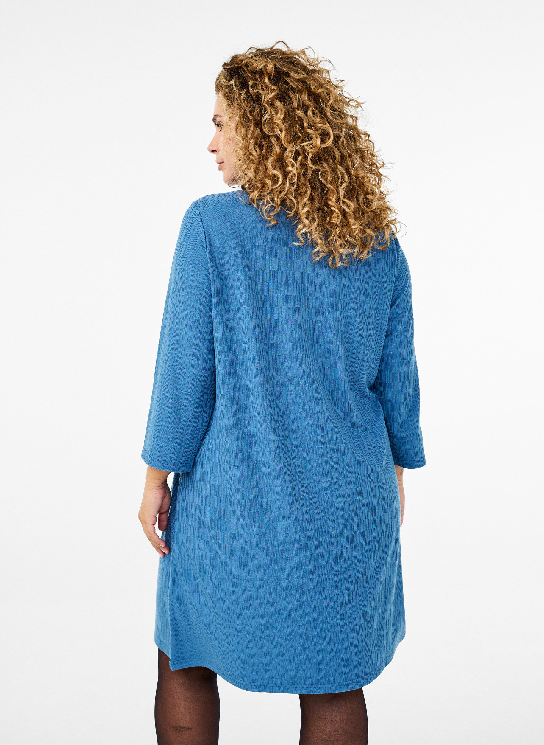 Zizzifashion Dress with texture and 3/4 sleeves, Blue, Model image number 2