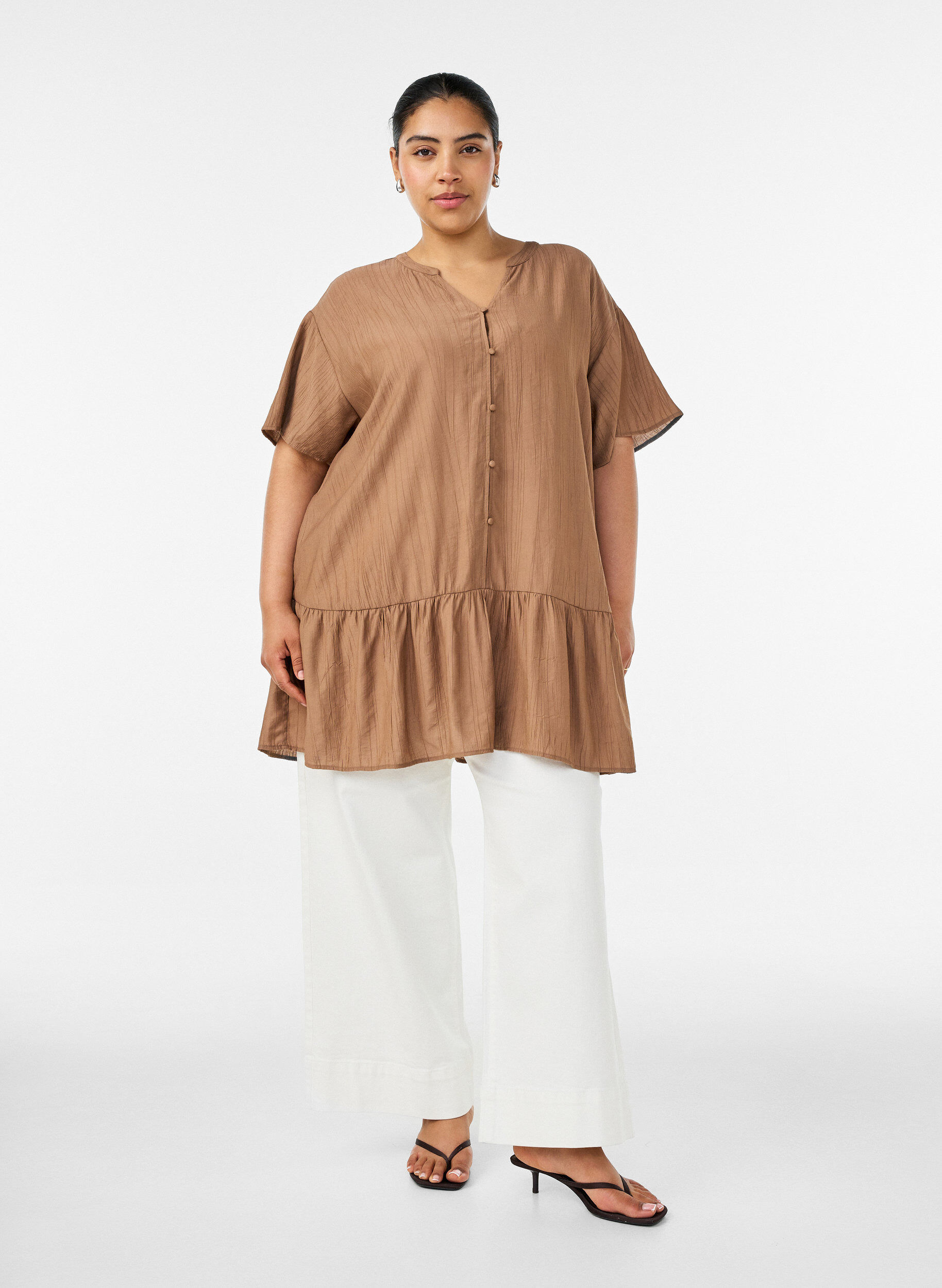 ZizzifashionLoose tunic with crinkled texture and ruffle hem, Brown, Model image number 1