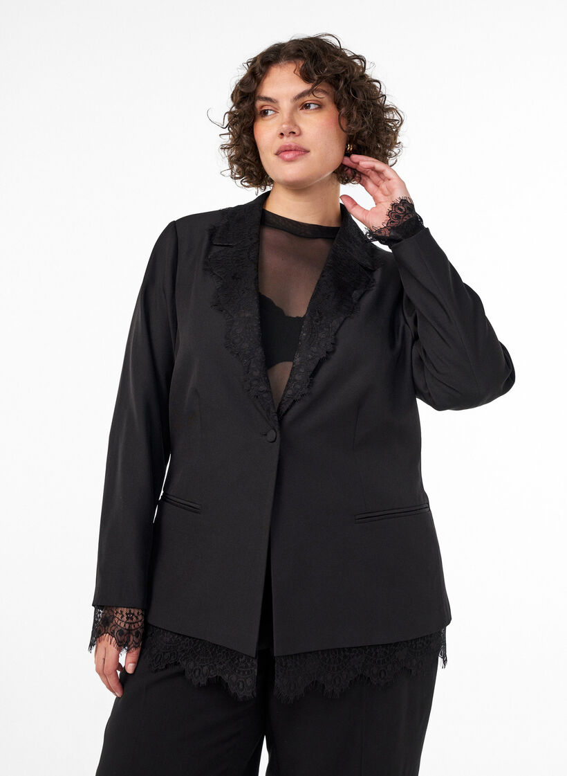 Blazer with lace trim, Black, Model image number 0
