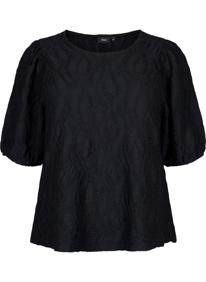 Textured blouse with short sleeves, Black, Packshot image number 0