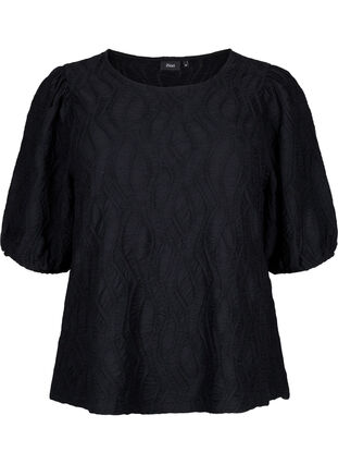 Textured blouse with short sleeves, Black, Packshot image number 0