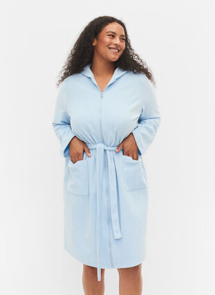 Morning robe with zipper and hood, Cashmere Blue, Model image number 0