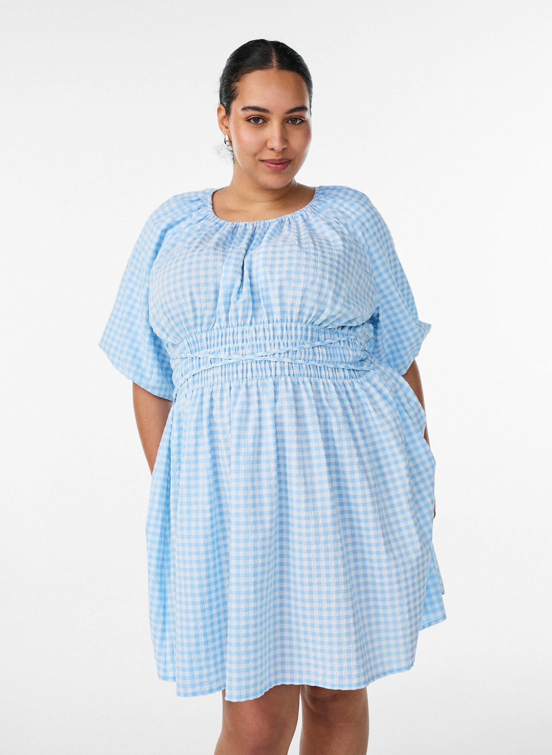 ZizzifashionShort small check dress with balloon sleeves, Light Blue, Model image number 0