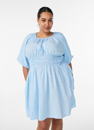 Short small check dress with balloon sleeves - Light Blue - Sz. XL - Zizzifashion Short small check dress with balloon sleeves - Light Blue - Sz. XL - Zizzifashion