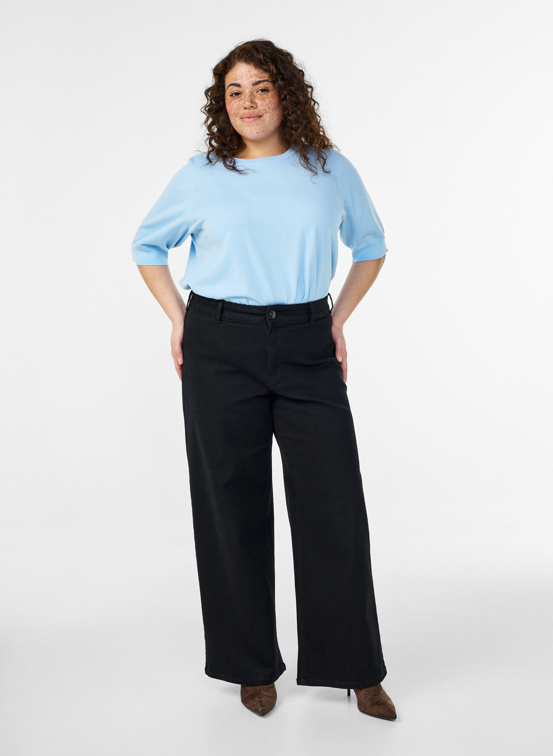 ZizzifashionFine-knit blouse with short sleeves, Light Blue, Model image number 1