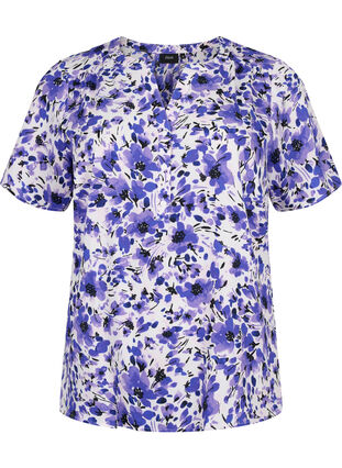 Blouse with short sleeves and v-neck, Purple Small Flower, Packshot image number 0