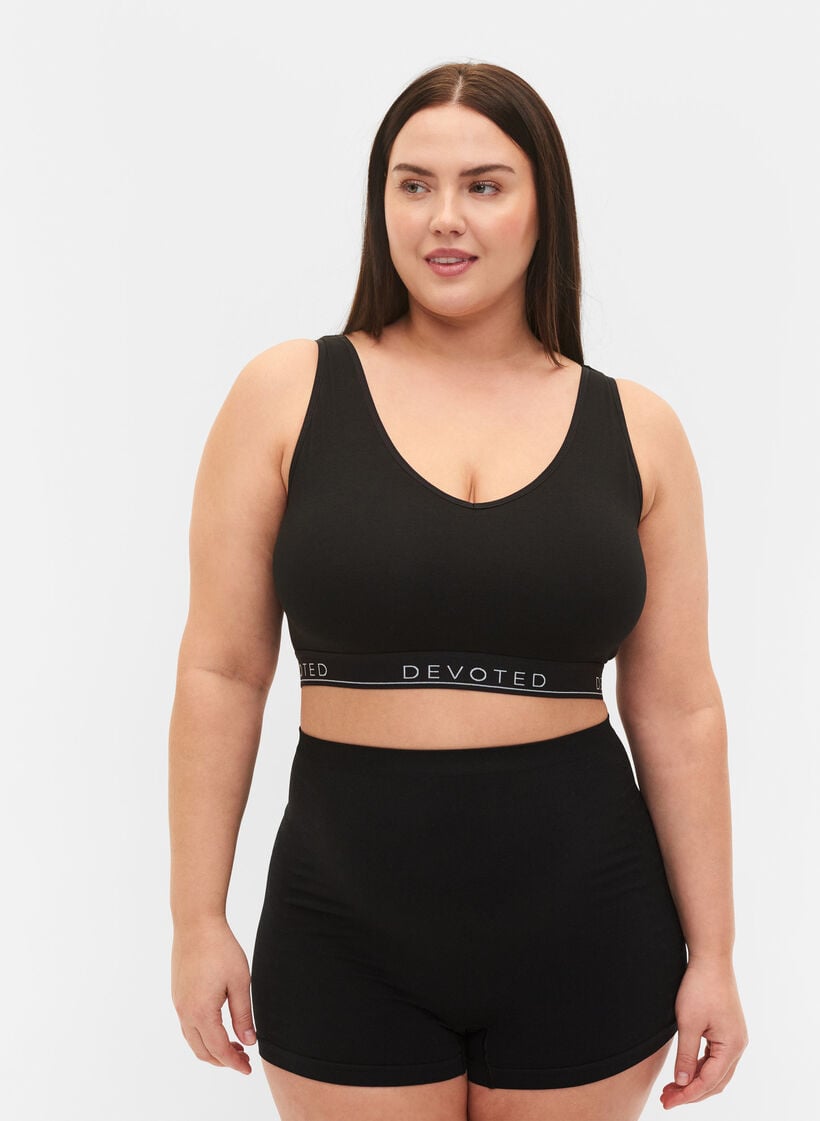 Cotton bra with v-neckline and text print, Black, Model image number 1