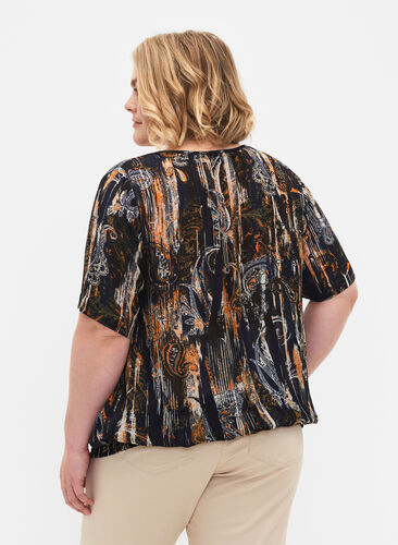 Short-sleeved viscose blouse with smock, Navy Blazer AOP, Model image number 1
