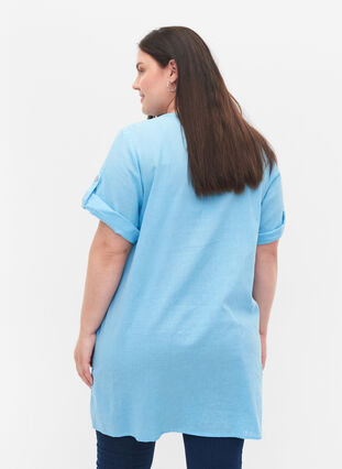 Short-sleeved cotton tunic with pockets, Alaskan Blue, Model image number 1
