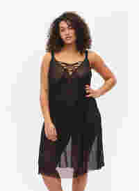 Mesh nightdress with string, Black, Model