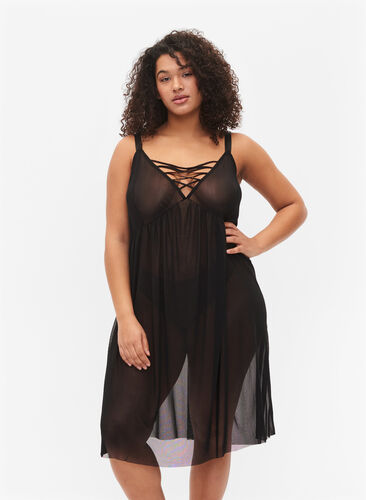 Mesh nightdress with string, Black, Model image number 0