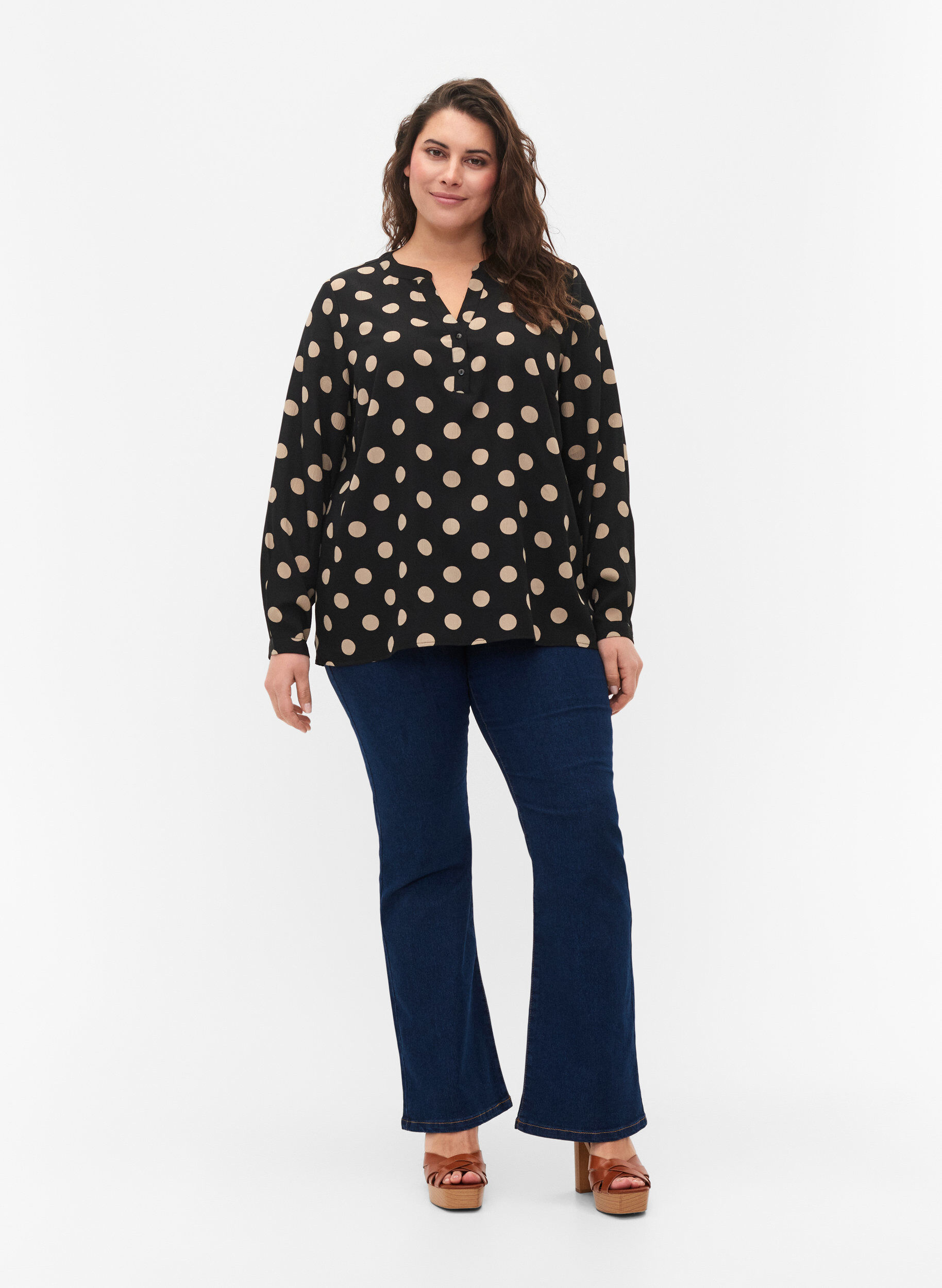 Zizzifashion FLASH - Long sleeve blouse with print, Black Brown Dot, Model image number 2