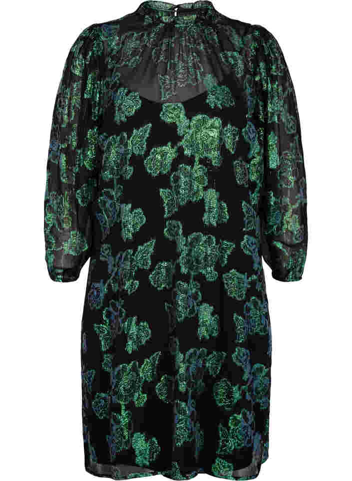 Floral viscose dress with lurex structure, Black w. Green Lurex, Packshot image number 0