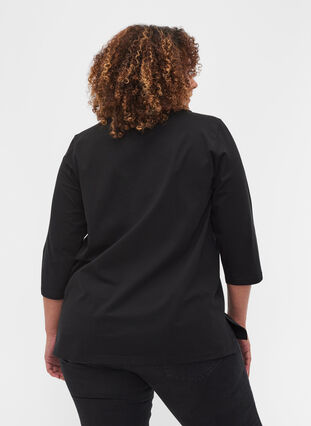 Plain-coloured cotton blouse with 3/4-length sleeves and slits, Black, Model image number 1