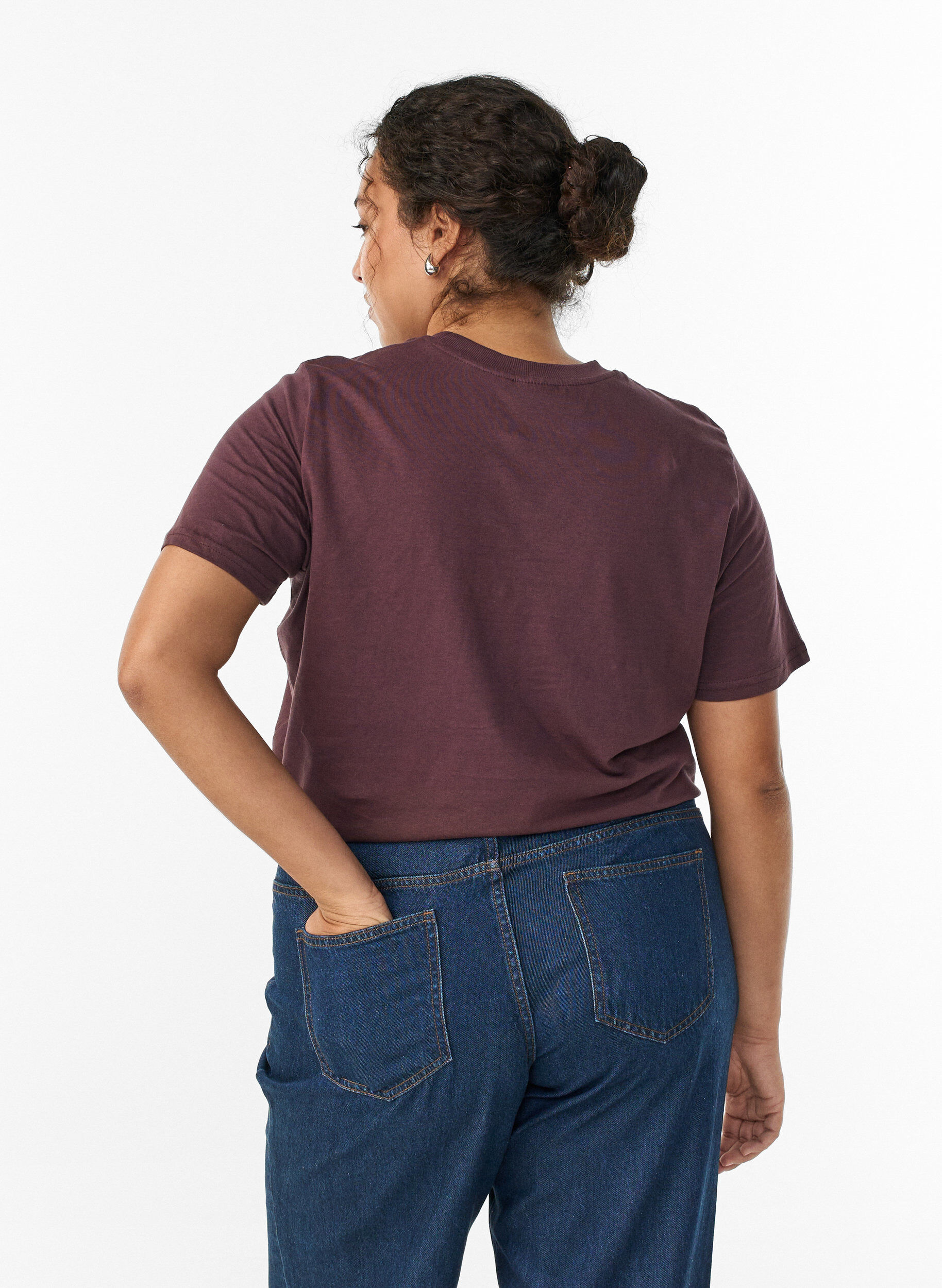 ZizzifashionBasic cotton T-shirt with round neck, Dark Bordeaux, Model image number 2