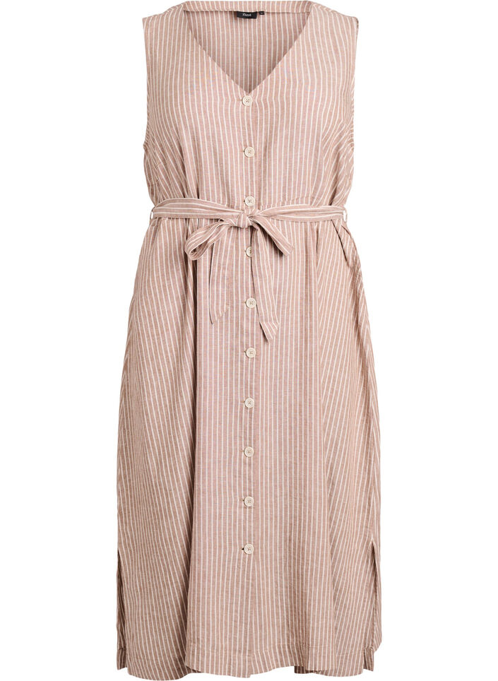 Sleeveless striped midi dress in linen and viscose, Beige, Packshot image number 0