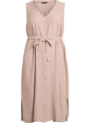 Sleeveless striped midi dress in linen and viscose - Beige - Sz. L - Zizzifashion Sleeveless striped midi dress in linen and viscose - Beige - Sz. L - Zizzifashion
