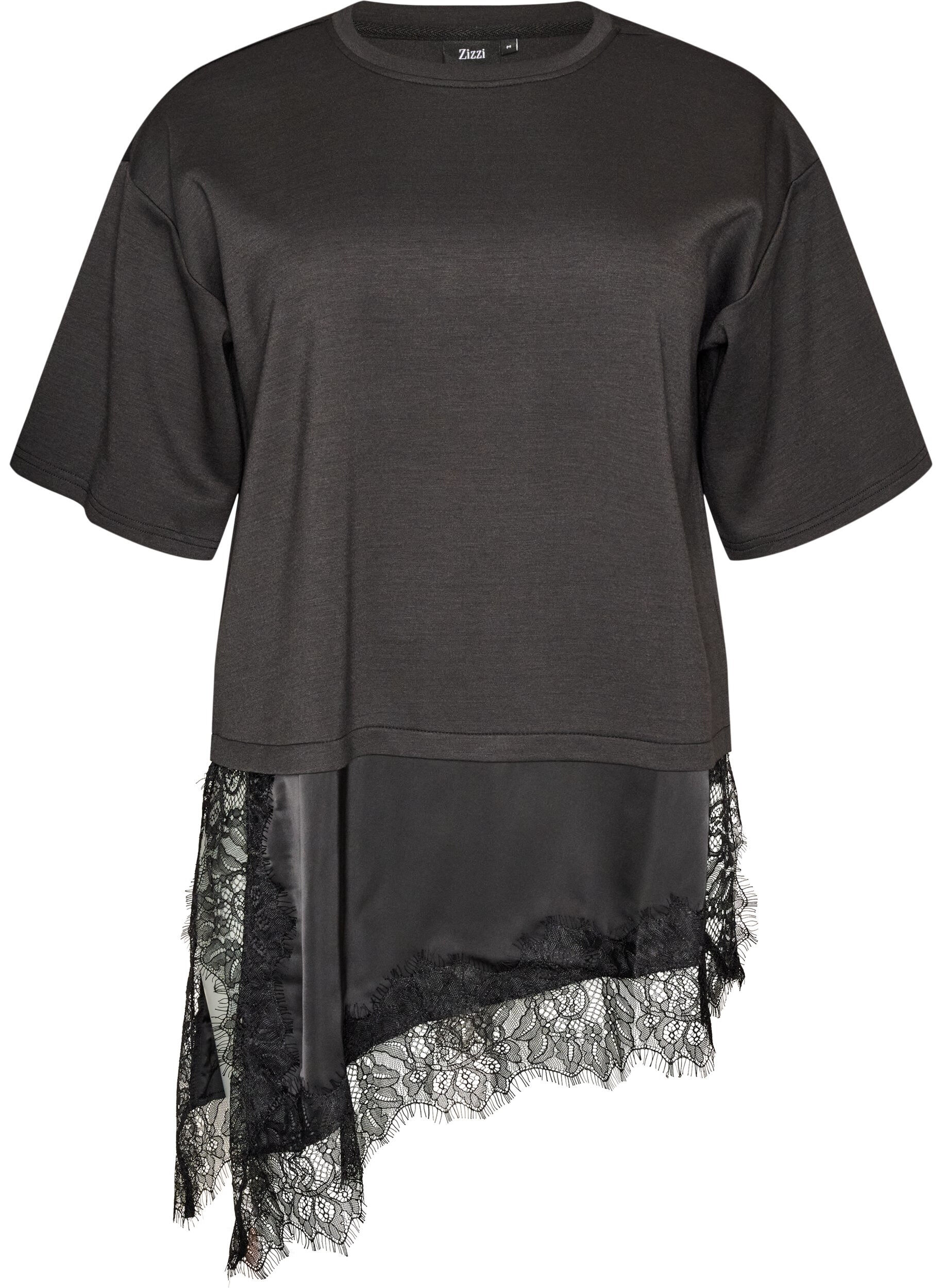 ZizzifashionJersey blouse with a layered look and lace, Black, Packshot image number 0